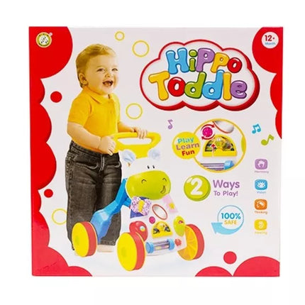 Žaislinis stumdukas kūdikiams „Hippo“ su garsais, barškučiais, čežėjimu ir veidrodėliu