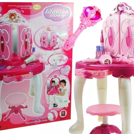 Kosmetinis staliukas su šviesomis ir garsais, kėdutė, MP3 įvestis, magija