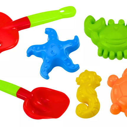 Smėlio žaislų rinkinys, kastuvas, grėblys, formelės, 6 vnt.