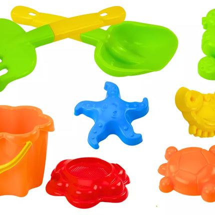 Smėlio rinkinys, kibirėlis, sietelis, formelės, 8 dalys, spalvingas