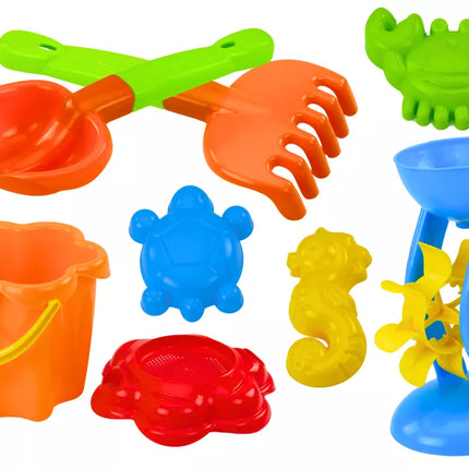 Smėlio rinkinys, kibirėlis, malūnėlis, sietelis, formelės, 9 spalvingi