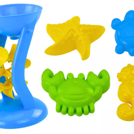 Smėlio rinkinys, kibirėlis, malūnėlis, sietelis, formelės, 9 spalvingi