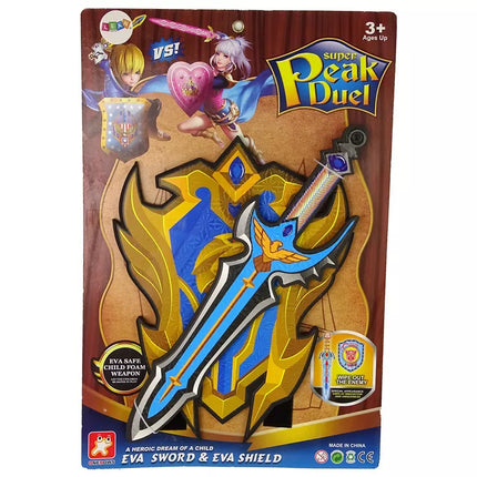 Mėlynos spalvos kario kalavijo ir skydo rinkinys iš EVA putų.