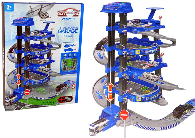 Policijos keturių lygių automobilių stovėjimo aikštelė 1:64 Transporto priemonės su garsais ir šviesomis