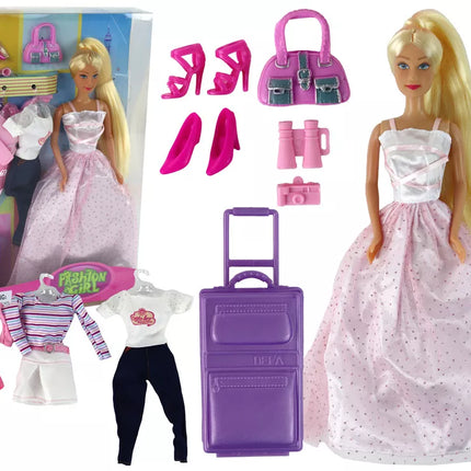 Vaikiška lėlė ilgais plaukais lagamino drabužiai