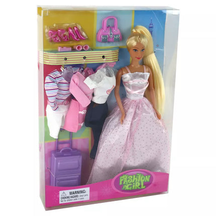 Vaikiška lėlė ilgais plaukais lagamino drabužiai