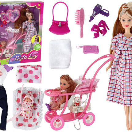 Lėlės rinkinys Lucy, nėščia lėlė, vežimėlis, ilgi rudi plaukai