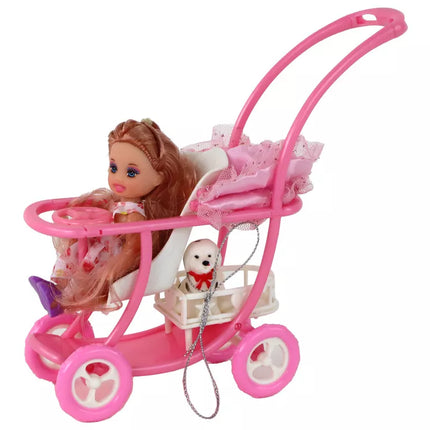 Lėlės rinkinys Lucy, nėščia lėlė, vežimėlis, ilgi rudi plaukai