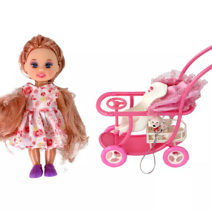 Lėlės rinkinys Lucy, nėščia lėlė, vežimėlis, ilgi rudi plaukai