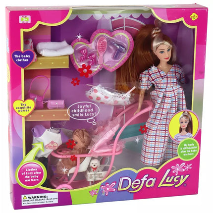Lėlės rinkinys Lucy, nėščia lėlė, vežimėlis, ilgi rudi plaukai