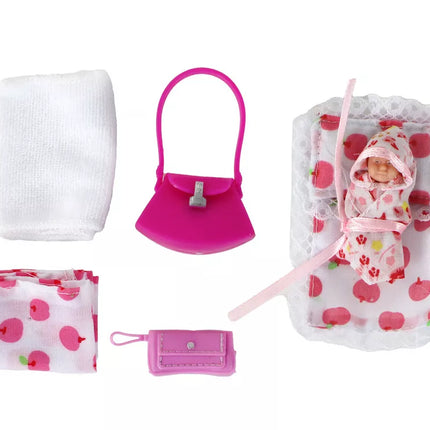 Lėlės rinkinys Lucy, nėščia lėlė, vežimėlis, ilgi rudi plaukai