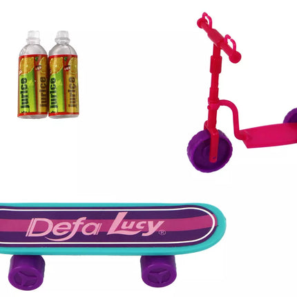 Lėlės Lucy rinkinys violetinis paspirtukas riedlentės šalmai