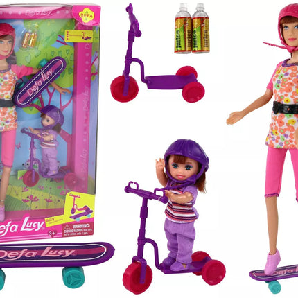 Lėlės Lucy rinkinys rožinis paspirtukas riedlentė šalmai