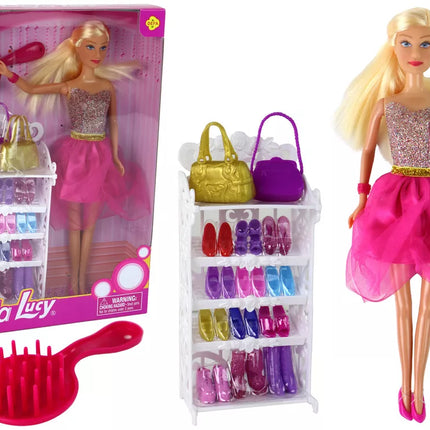 Lėlė Lucy, rožinė suknelė su blizgučiais, batelių rinkinys