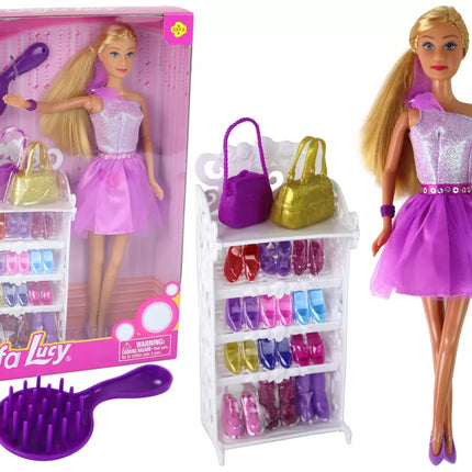 Lėlė Lucy su purpurine blizgučių suknele, batelių rinkinys