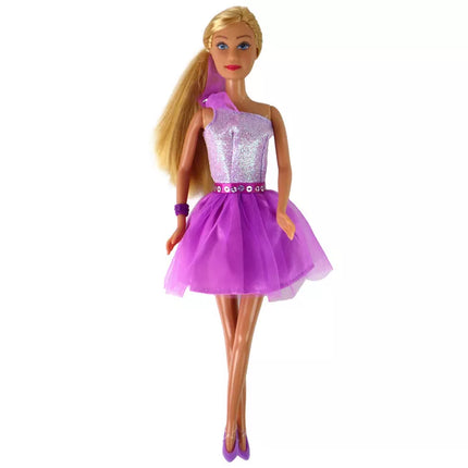 Lėlė Lucy su purpurine blizgučių suknele, batelių rinkinys