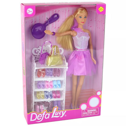 Lėlė Lucy su purpurine blizgučių suknele, batelių rinkinys