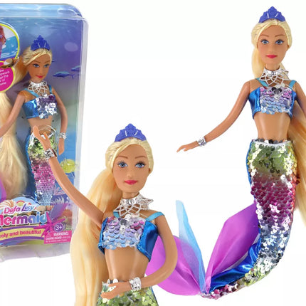 Undinėlės lėlė: mėlyna, ilgi šviesūs plaukai, undinėlės uodega su blizgučiais