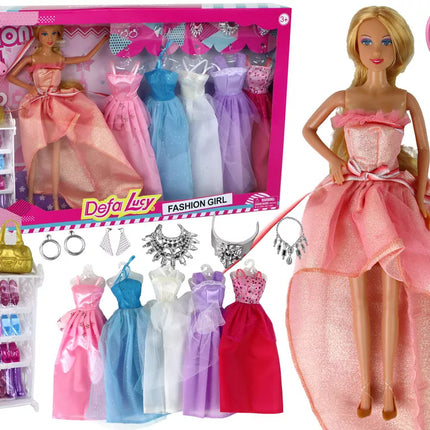 Lėlė vaikams ilgais šviesiais plaukais, spinta, batai, suknelės, aksesuarai