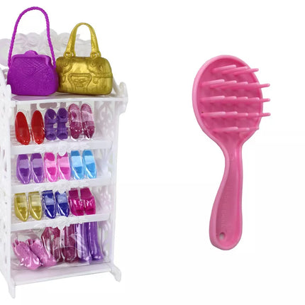 Lėlė vaikams ilgais šviesiais plaukais, spinta, batai, suknelės, aksesuarai