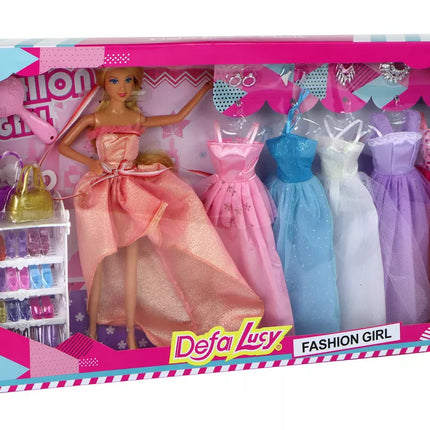 Lėlė vaikams ilgais šviesiais plaukais, spinta, batai, suknelės, aksesuarai