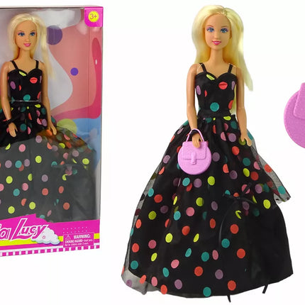 Lėlė Lucy, juoda su taškeliais suknelė, ilga