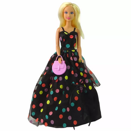 Lėlė Lucy, juoda su taškeliais suknelė, ilga
