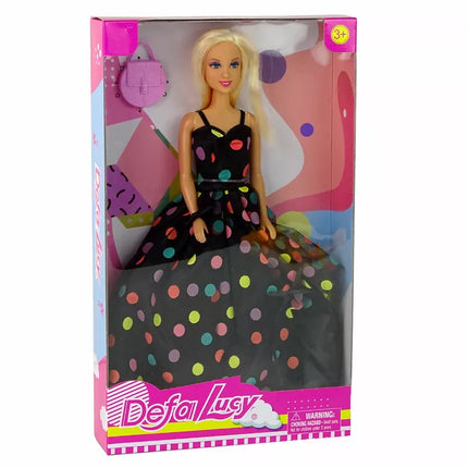 Lėlė Lucy, juoda su taškeliais suknelė, ilga