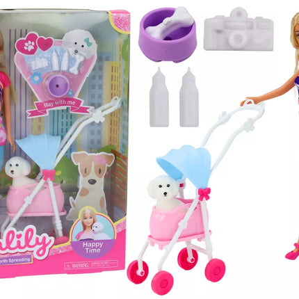 Anlily lėlė su šuniuku vežimėlyje buteliukai dubenėlis kaulas aparatas