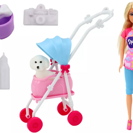 Anlily lėlė su šuniuku vežimėlyje buteliukai dubenėlis kaulas aparatas