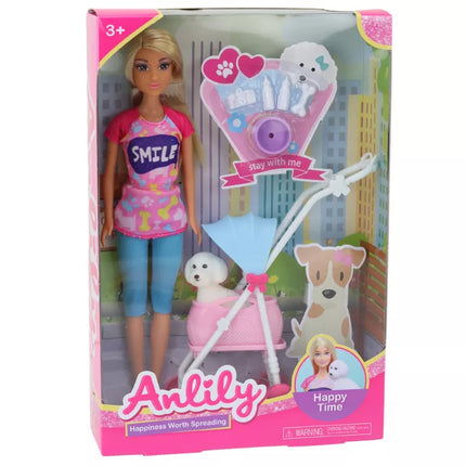 Anlily lėlė su šuniuku vežimėlyje buteliukai dubenėlis kaulas aparatas