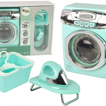 Žaislinis skalbimo mašinos, lygintuvo ir pakabų rinkinys, mėtų spalvos