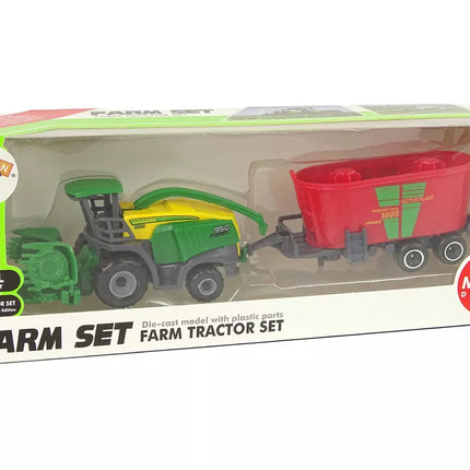 Žemės ūkio mašina kombainas su priekaba, žalia ir raudona