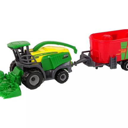 Žemės ūkio mašina kombainas su priekaba, žalia ir raudona