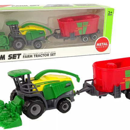 Žemės ūkio mašina kombainas su priekaba, žalia ir raudona