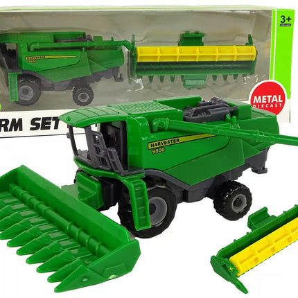 Žemės ūkio transporto priemonė kombainas su sėjamąja, žalia-geltona