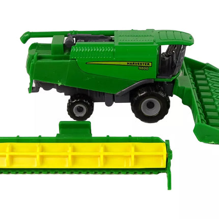 Žemės ūkio transporto priemonė kombainas su sėjamąja, žalia-geltona