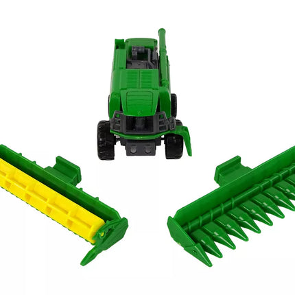 Žemės ūkio transporto priemonė kombainas su sėjamąja, žalia-geltona