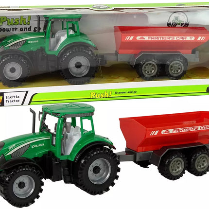 Žalias traktorius su raudona priekaba „Fractal Drive“