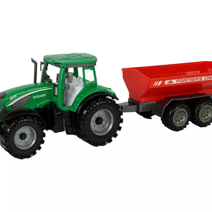 Žalias traktorius su raudona priekaba „Fractal Drive“