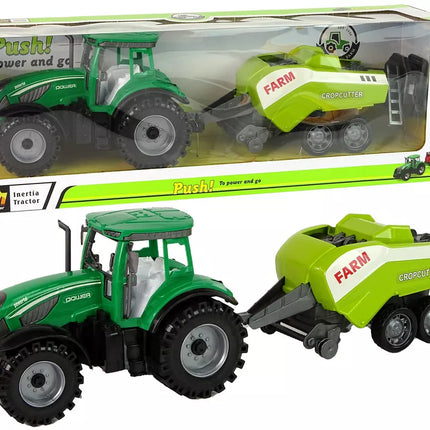 Žalias žemės ūkio traktorius, sėjamoji, frikcinė pavara