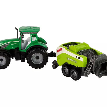 Žalias žemės ūkio traktorius, sėjamoji, frikcinė pavara