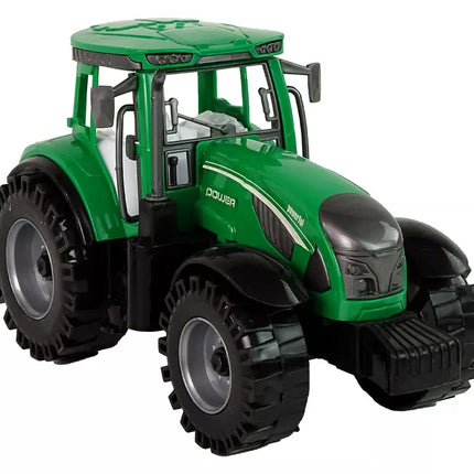 Žalias žemės ūkio traktorius, sėjamoji, frikcinė pavara