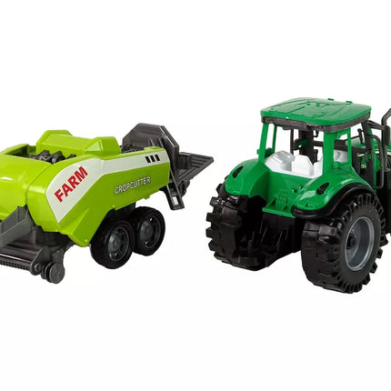 Žalias žemės ūkio traktorius, sėjamoji, frikcinė pavara