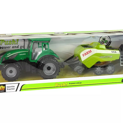 Žalias žemės ūkio traktorius, sėjamoji, frikcinė pavara