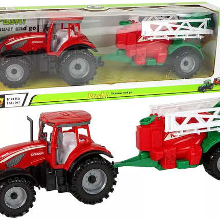 Ūkinis traktorius su raudonu purkštuvu