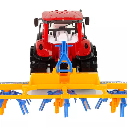 Raudonas traktorius su grėbliu, frikcinis variklis