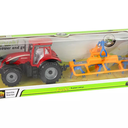 Raudonas traktorius su grėbliu, frikcinis variklis