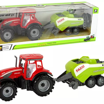 Raudonas traktorius su žalia sėjamąja, frikcinė pavara