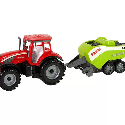Raudonas traktorius su žalia sėjamąja, frikcinė pavara